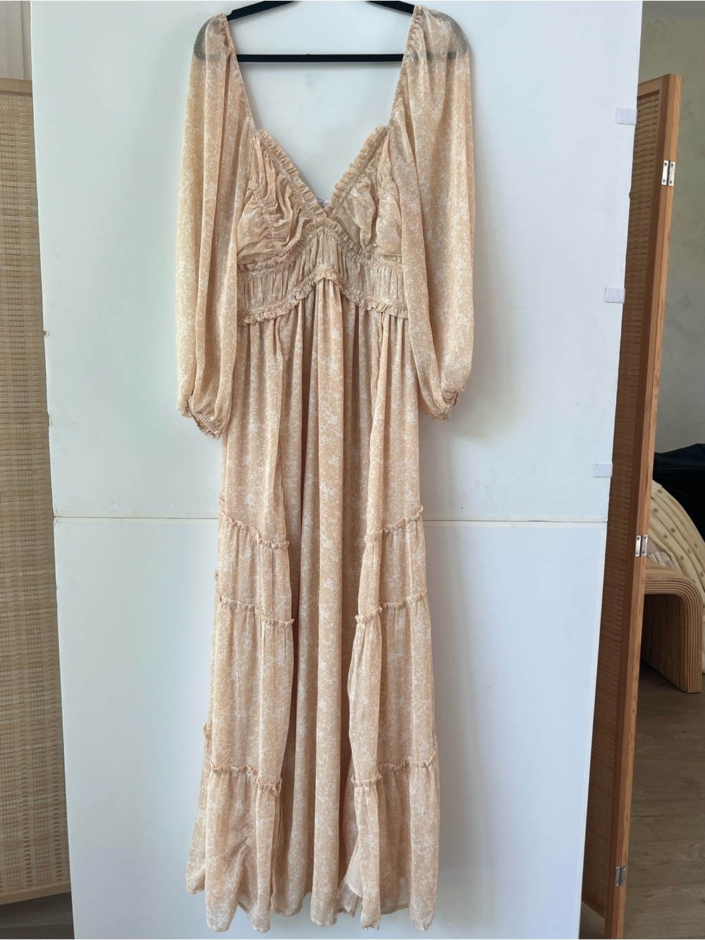 Bohemian Long Sleeve Maxi Dress in Light Beige